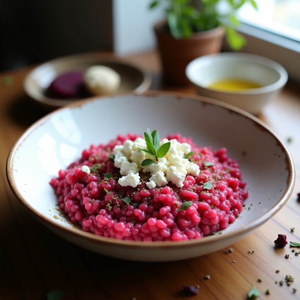 Plato hondo blanco con risotto de color rosa intenso, salpicado de queso feta desmenuzado y especias zaatar, servido con un hilo de aceite de oliva.