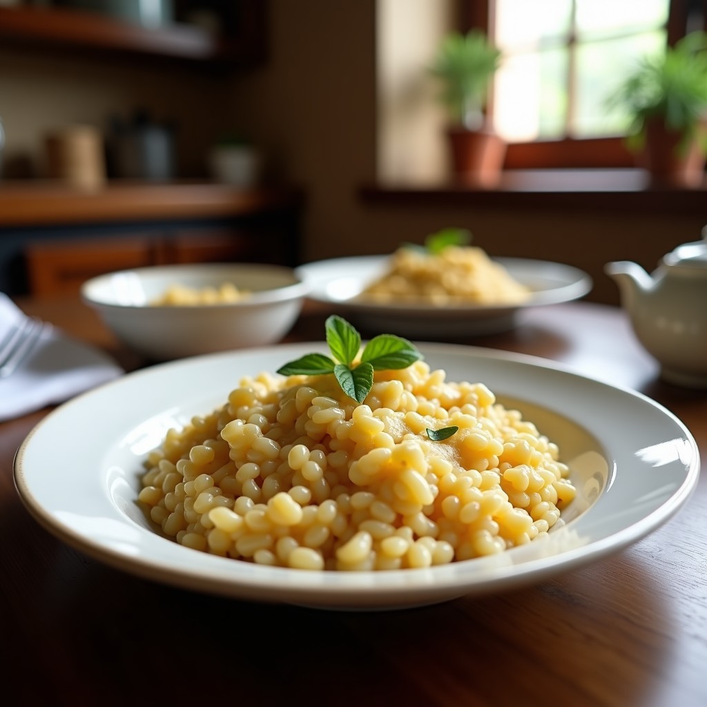 Risotto cremoso de setas variadas y parmesano con toque de trufa, servido en un plato blanco con un fondo de madera