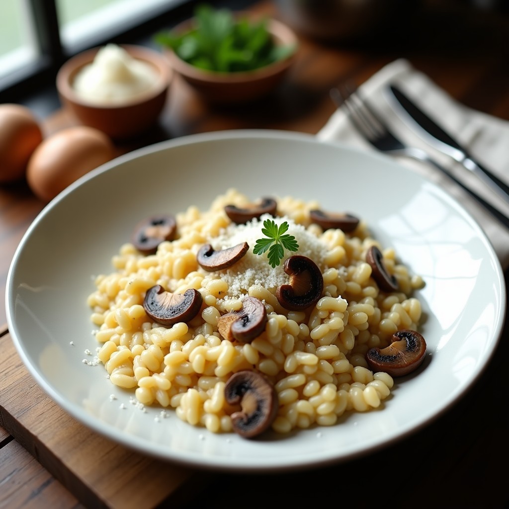 Foto de un risotto de setas y trufa cremoso y apetitoso, con arroz mantecado y toque gourmet del aceite de trufa, lista para ser servida