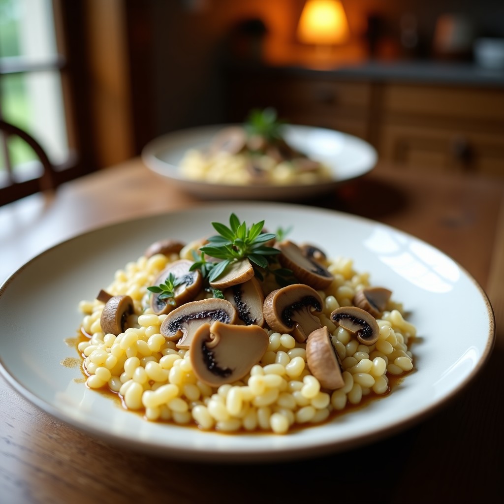 Risotto cremoso de setas y trufa negra en un plato de cerámica, con laminas de trufa negra fresca y perejil picado. Receta italiana fácil y deliciosa
