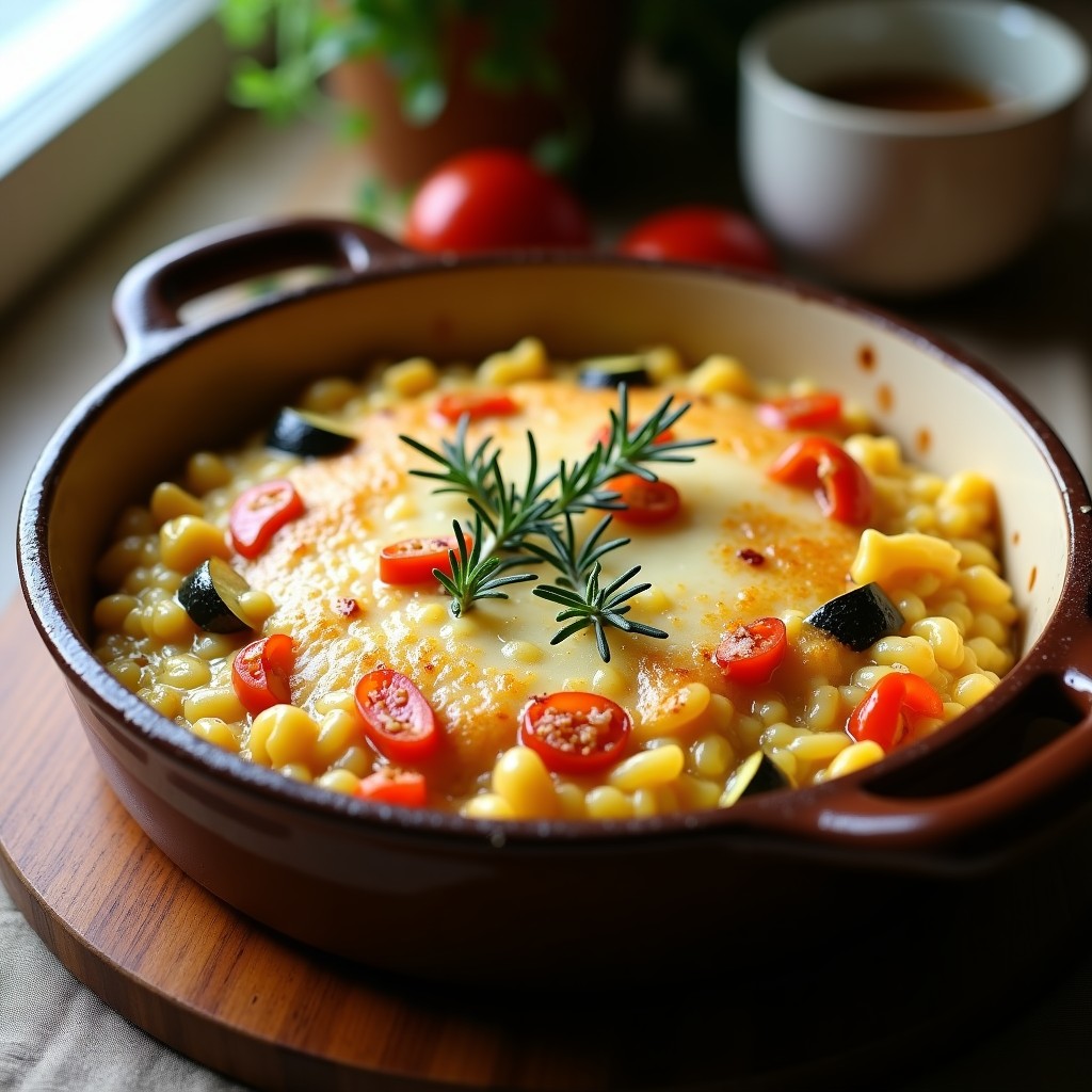 Fuente de barro al horno con risotto de verduras dorado y crujiente por encima, con trozos de calabacín, berenjena y pimiento visible, espolvoreado con queso parmesano.