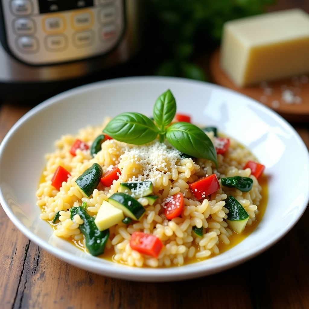 Plato hondo blanco con risotto de verduras cremoso, trozos de calabacín, pimiento rojo y espinacas, espolvoreado con queso parmesano rallado y decorado con hojas de albahaca fresca, receta olla exprés.
