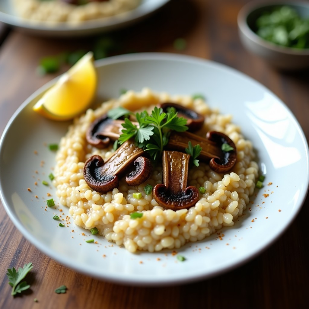 Plato hondo blanco con risotto cremoso de color beige, salpicado de zaatar y decorado con champiñones ahumados dorados y perejil fresco. Receta de risotto de zaatar con champiñones ahumados.