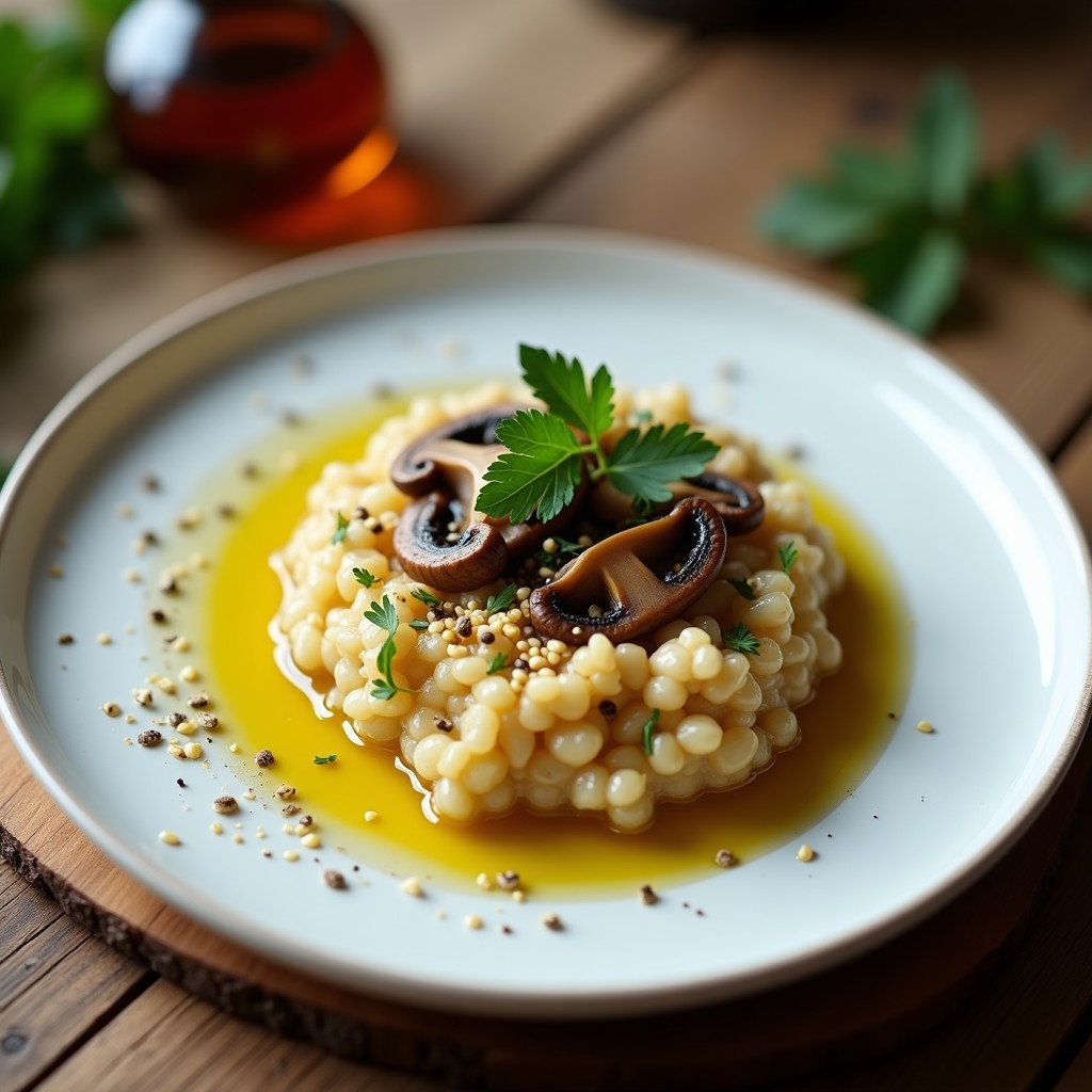 Plato hondo de cerámica blanca con risotto cremoso de zaatar y champiñones portobello, espolvoreado con perejil fresco y semillas de sésamo, servido con un hilo de aceite de oliva virgen extra.