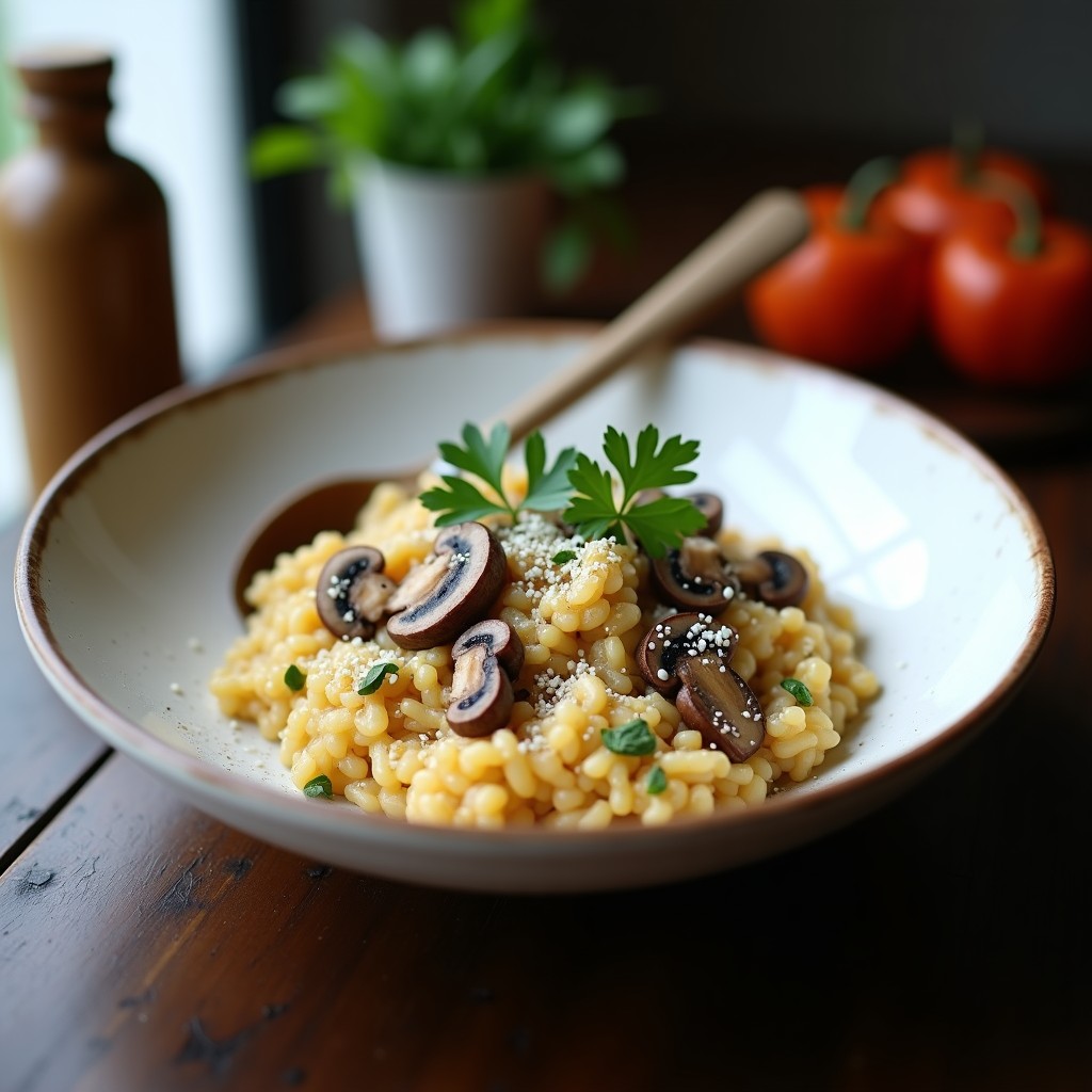 Plato hondo de cerámica blanca con risotto cremoso de zaatar y hongos salvajes, espolvoreado con queso parmesano y perejil fresco, servido con una cuchara de madera.