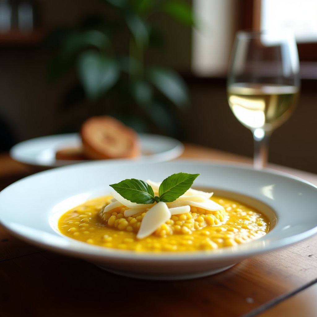 Plato hondo blanco con risotto de azafrán en ollas superpuestas, color dorado intenso, textura cremosa y decorado con virutas de Parmesano y hojas de albahaca fresca.