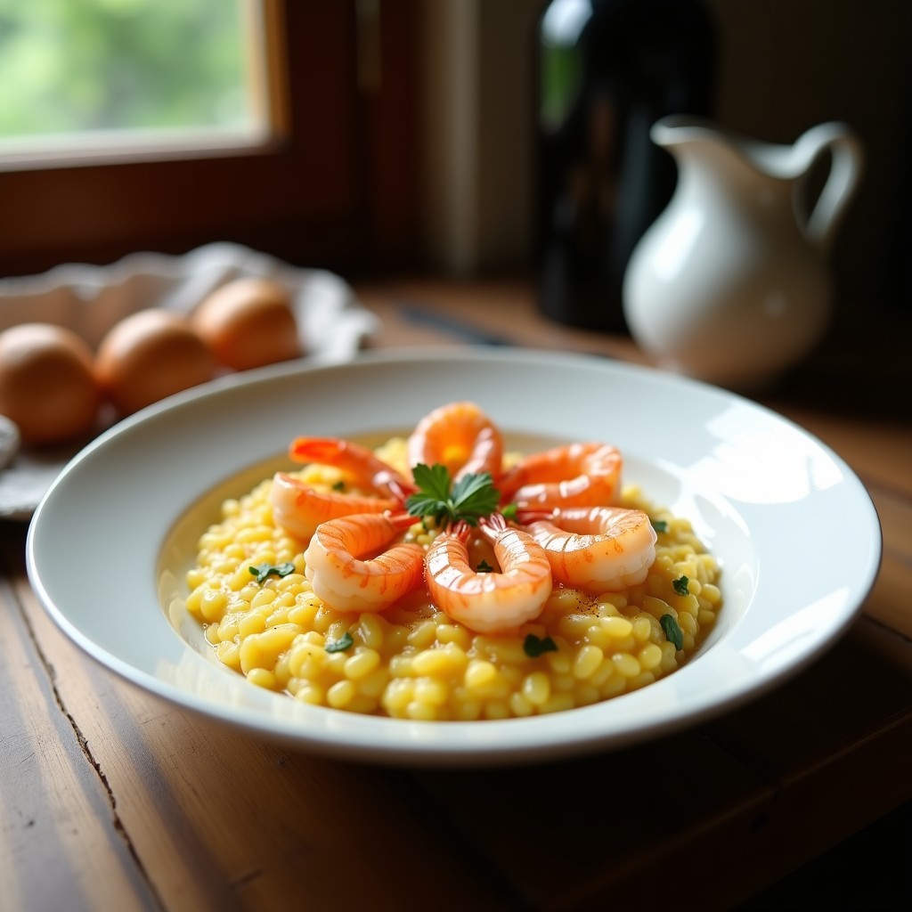Plato hondo blanco con risotto cremoso de color dorado por el zafarráncho, coronado con gambas rosadas y perejil fresco, servido en mesa rústica de madera.