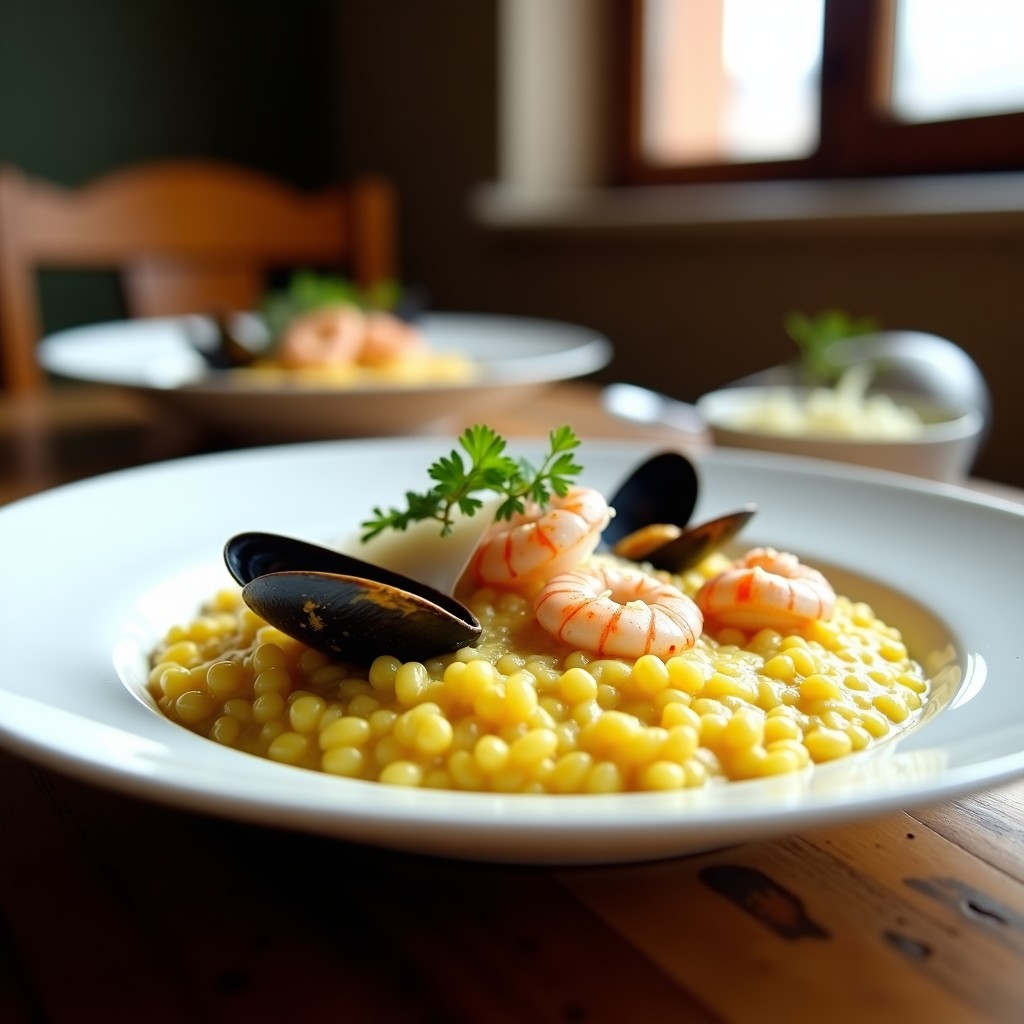 Plato blanco hondo con risotto cremoso de color dorado por el azafrán, coronado con mejillones abiertos, gambas rosadas y anillos de calamares. Decorado con perejil fresco y virutas de parmesano, receta de risotto de zafarráncho con mariscos en ollas superpuestas.
