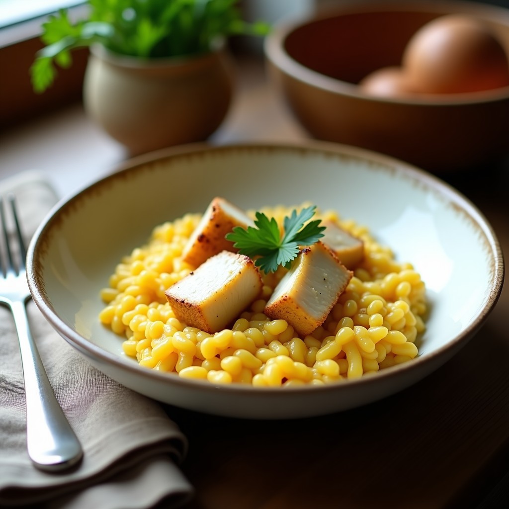 Plato hondo blanco con risotto cremoso de color amarillo dorado por el zafarráncho, trozos de merluza blanca y perejil fresco espolvoreado, servido con tenedor de madera.