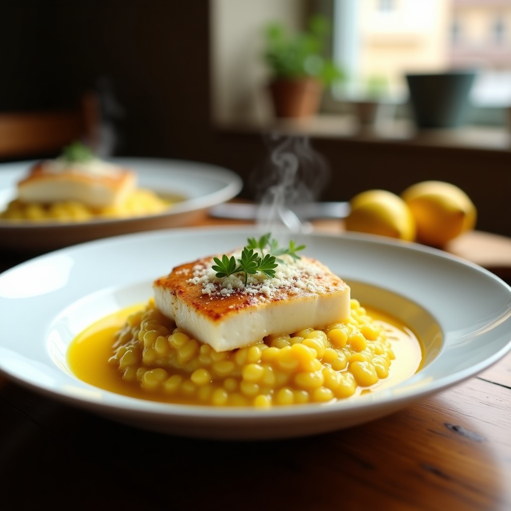 Plato hondo de porcelana blanca con risotto de zafarráncho cremoso, coronado con filetes de merluza tiernos y hebras de azafrán visibles, decorado con perejil fresco y queso parmesano rallado.