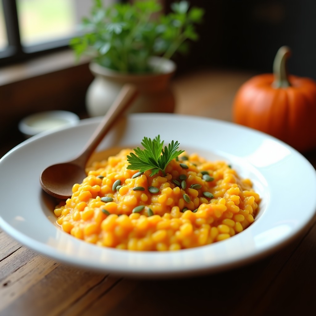 Plato hondo de cerámica blanca con risotto de zanahoria y cúrcuma vegano, de color dorado intenso, decorado con perejil fresco y semillas de calabaza, servido con una cuchara de madera.