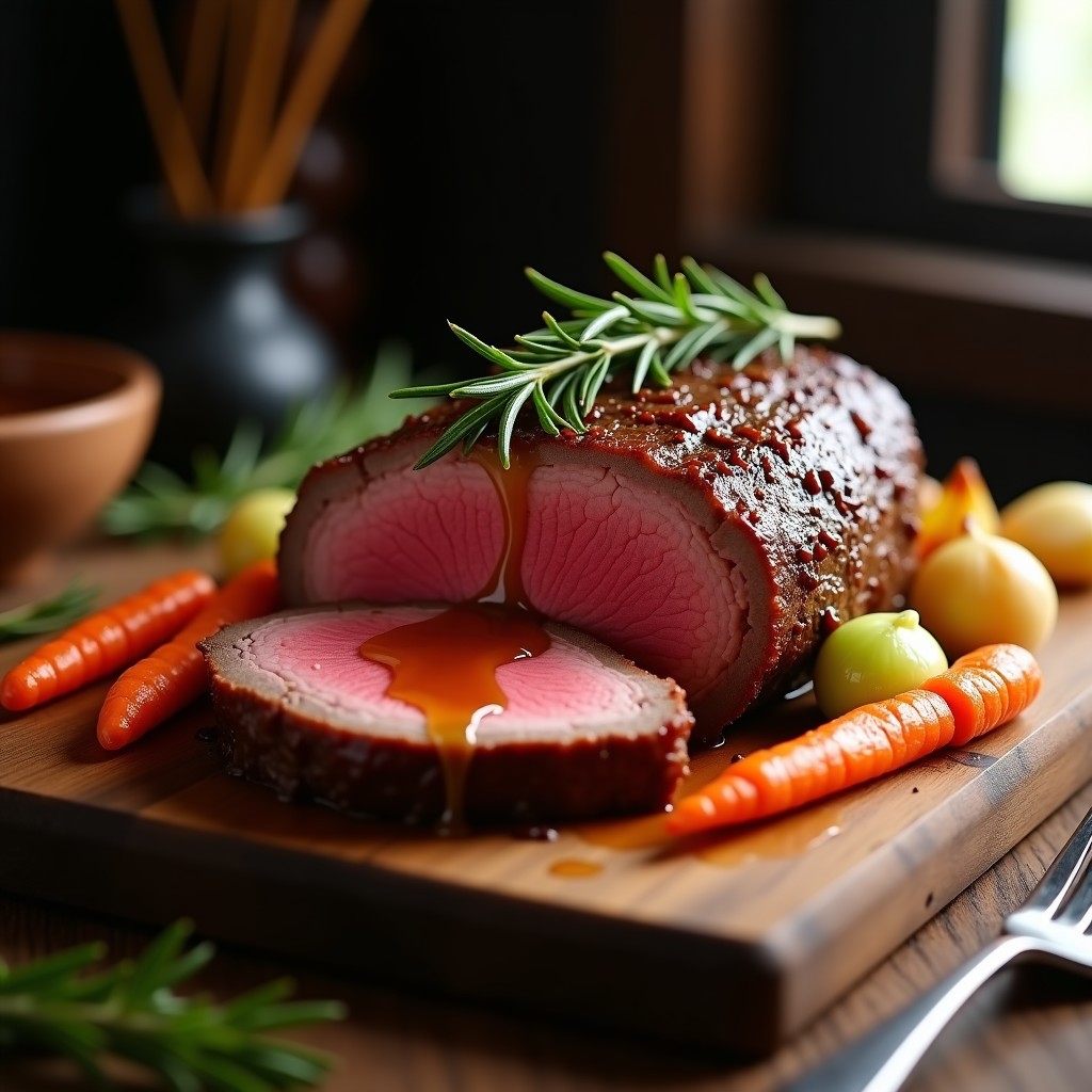 Plato de roast beef al horno en rodajas gruesas con costra dorada y crujiente, servido sobre tabla de madera con zanahorias y cebollas asadas, romero fresco y salsa oscura.