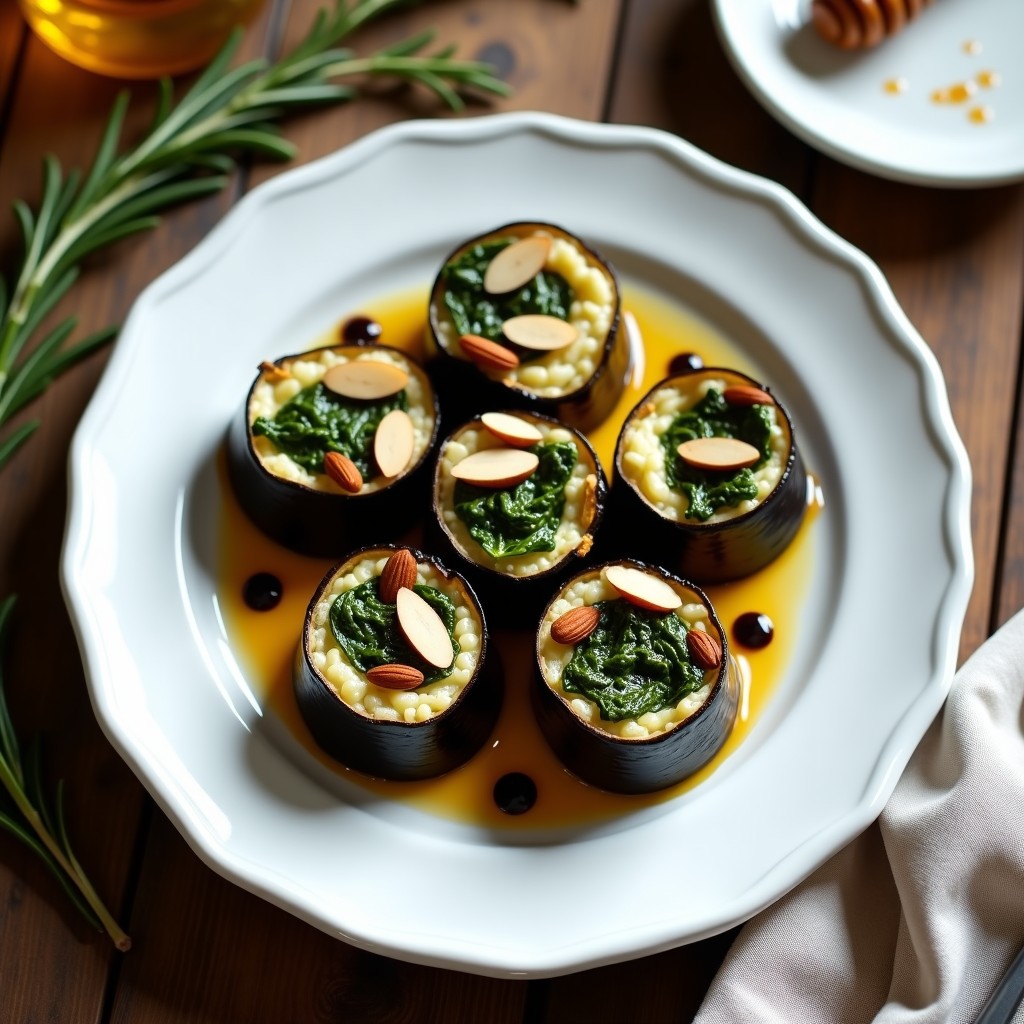Rolling de berenjena y espinacas con queso de cabra en bandeja de madera, decorados con perejil fresco y un hilo de miel, sobre fondo rústico.