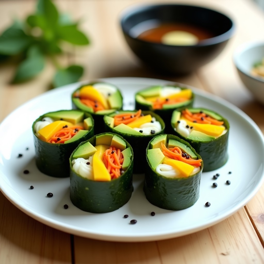 Plato blanco con rollitos de alga nori cortados por la mitad, rellenos de aguacate cremoso, mango amarillo y zanahoria naranja, espolvoreados con semillas de sésamo negro. Acompañados de una salsa oscura en un bol pequeño y hojas de menta fresca como decoración. Entrante japonés crudivegano listo en 15 minutos.