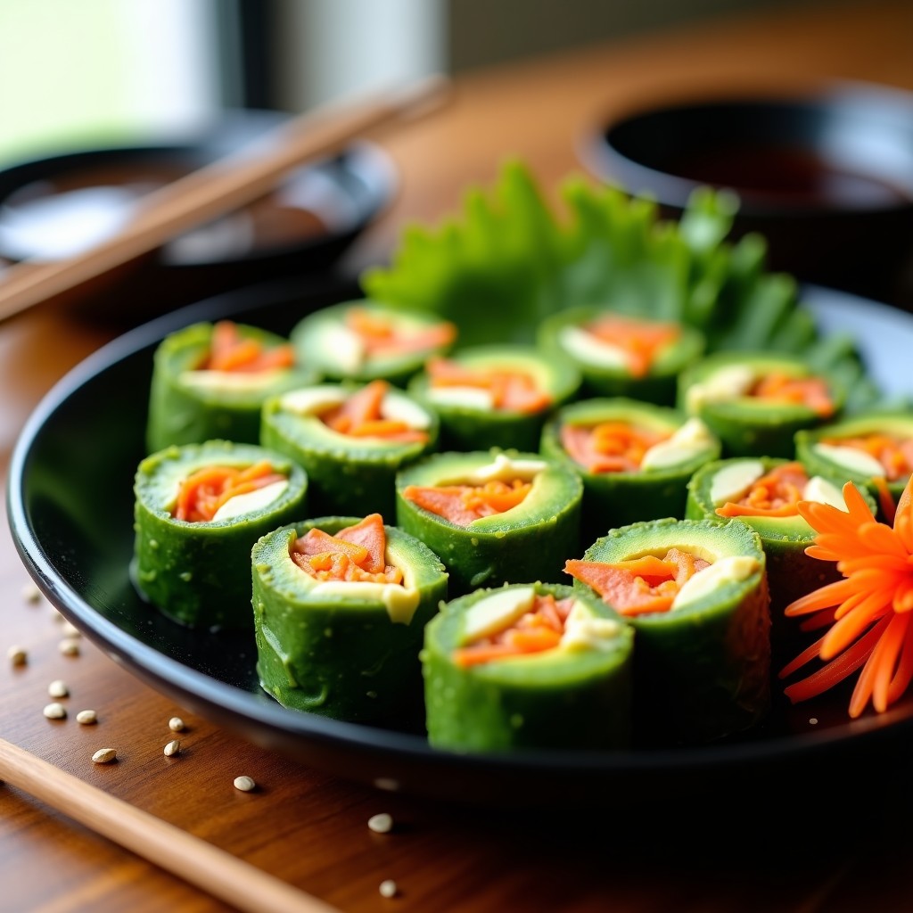 Rollitos de alga nori con aguacate y surimi vegano cortados en porciones, dispuestos en un plato de cerámica negra con salsa de soja y semillas de sésamo. Receta japonesa sin pescado, crujiente y colorida.