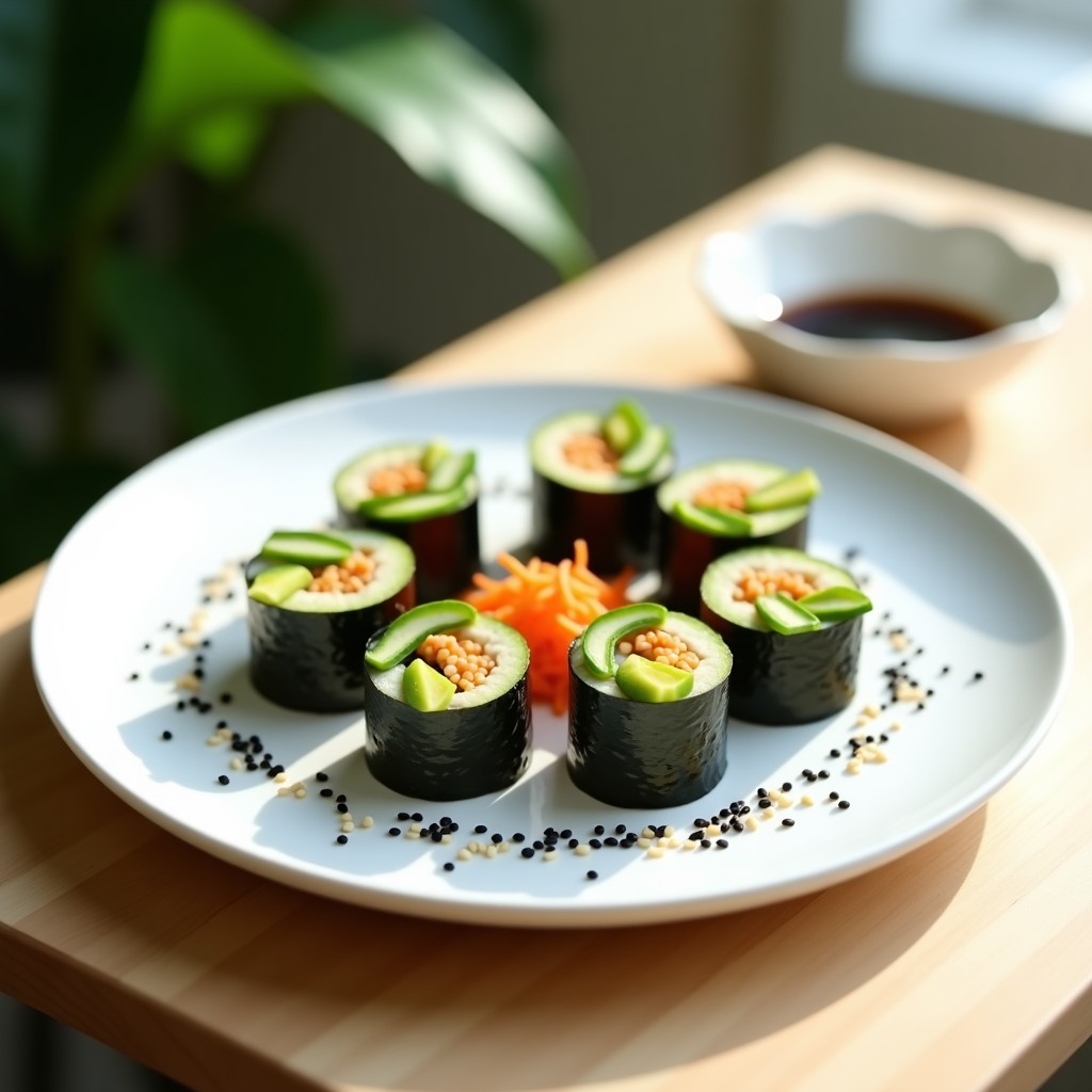 Plato blanco con rollitos de alga nori rellenos de aguacate, zucchini, pepino y zanahoria, cortados en porciones y servidos con salsa de soja, semillas de sésamo y jengibre encurtido. Receta de sushi vegano sin arroz.