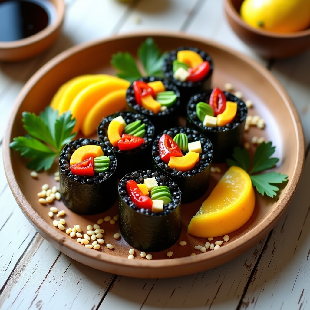 Rollitos de alga nori rellenos de arroz negro, mango maduro, pimiento rojo asado y aguacate, cortados en porciones y servidos en un plato de madera con salsa de soja y semillas de sésamo tostadas. Receta de sushi vegano sin pescado.