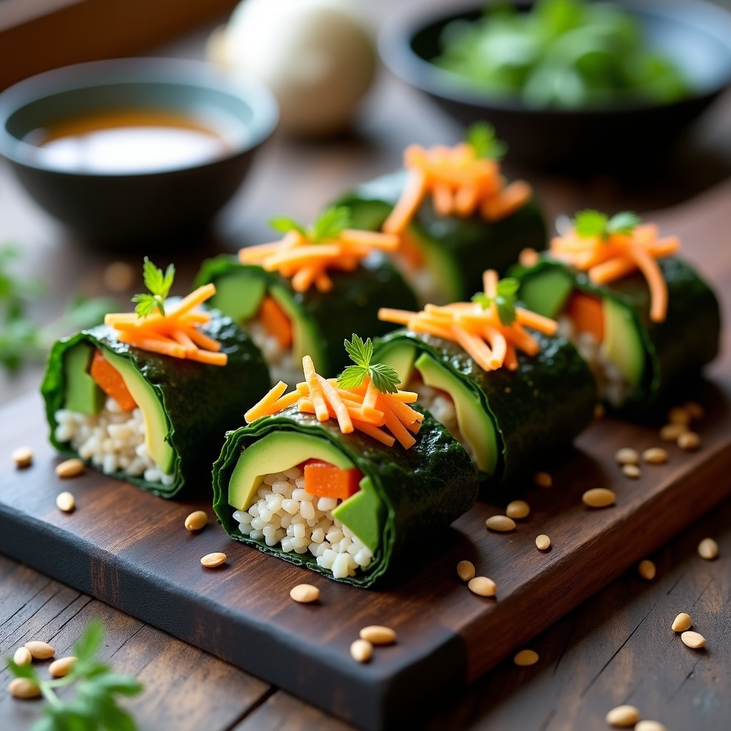Rollitos de alga nori cortados en porciones, rellenos de arroz salvaje, aguacate, pepino y zanahoria, con semillas de girasol y sésamo negro por encima. Presentados en un plato de madera con salsa wasabi al lado, mostrando el toque crunchy y los colores vibrantes de los ingredientes.