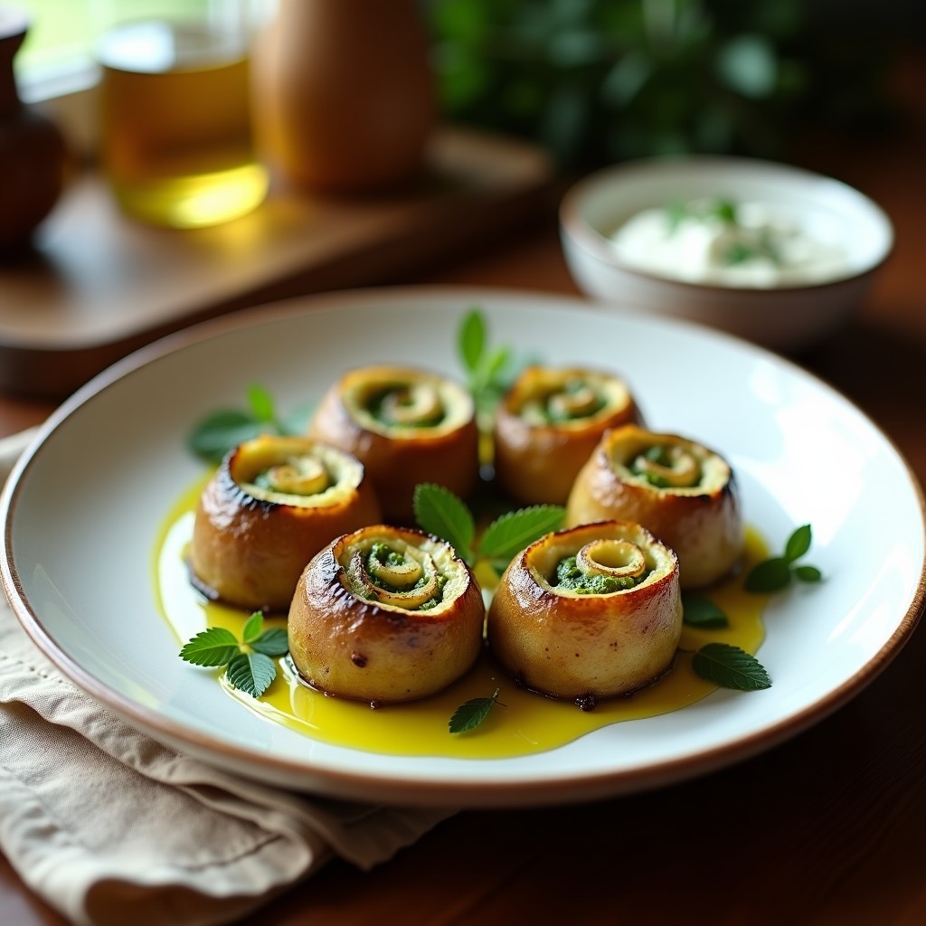 Rollitos de berenjena asada rellenos de pesto verde de ortigas y queso de oveja derretido, servidos en plato blanco con decoración de hojas de ortiga y hilo de aceite de oliva, receta griega en airfryer.