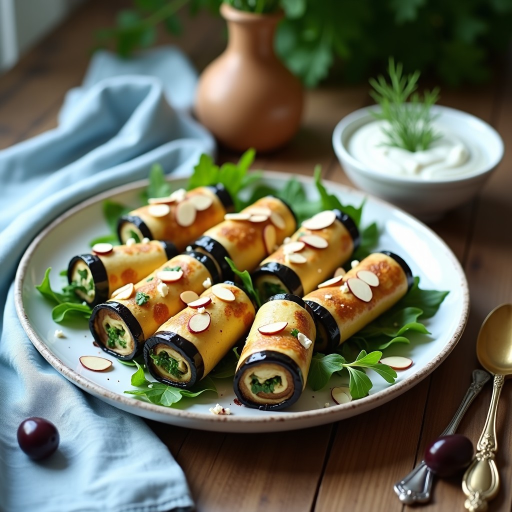 Rollitos de Berenjena y Berros con Salsa de Yogur y Eneldo: Receta Griega Ligera