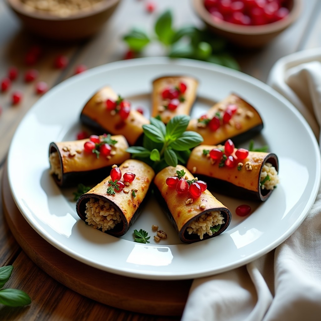Plato blanco con rollitos de berenjena asada rellenos de bulghur y granados, decorados con semillas de granado y nueces picadas. Entrante armenio vegano con texturas contrastadas y colores vibrantes.