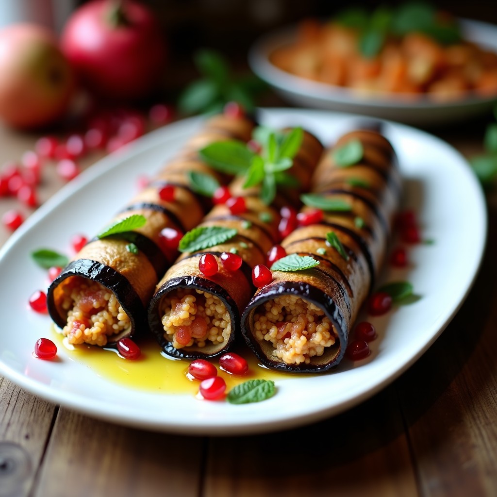 Rollitos de berenjena asada rellenos de bulgur especiado y semillas de granada, servidos en plato blanco con salsa de tahini y hierbabuena fresca, receta turca vegana.