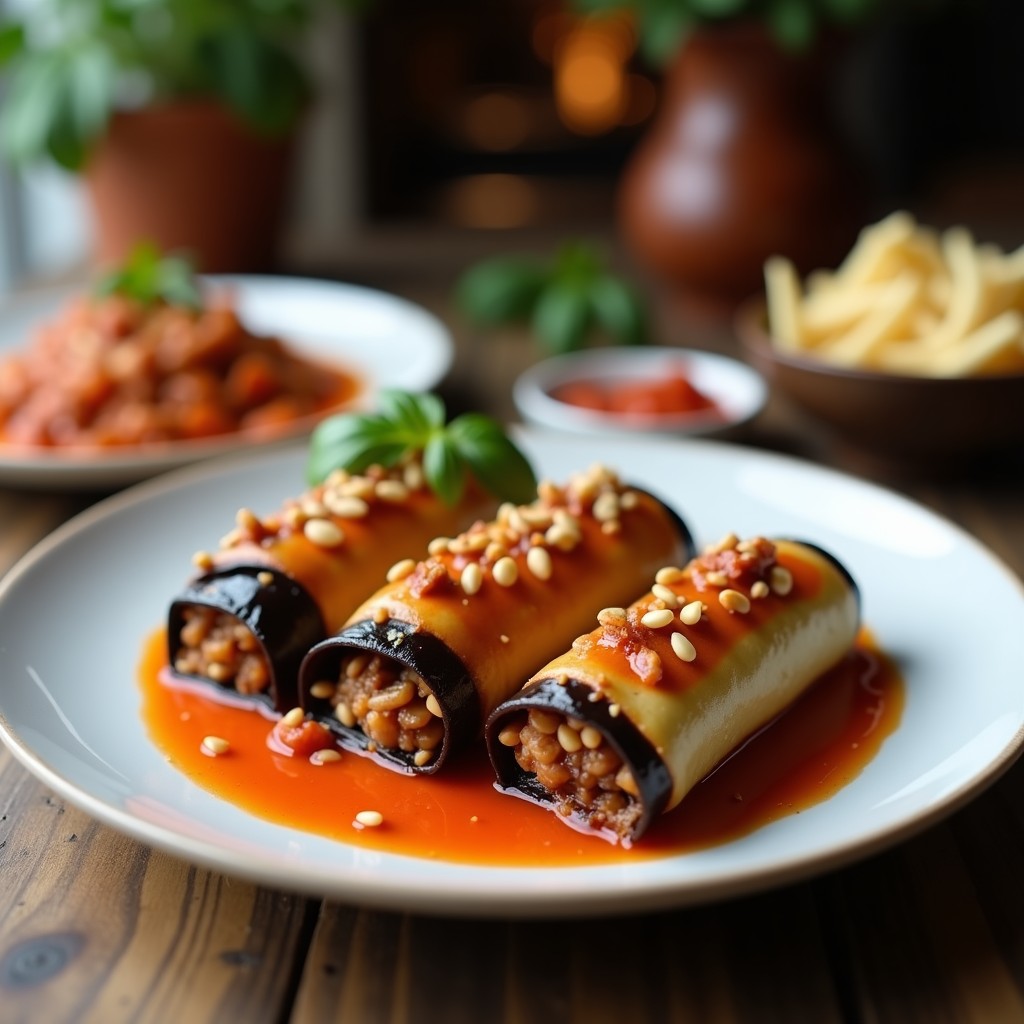 Rollitos de berenjena rellenos de carne picada y piñones en olla lenta, servidos en plato de barro con salsa espesa y hojas de menta fresca, receta turca tradicional.