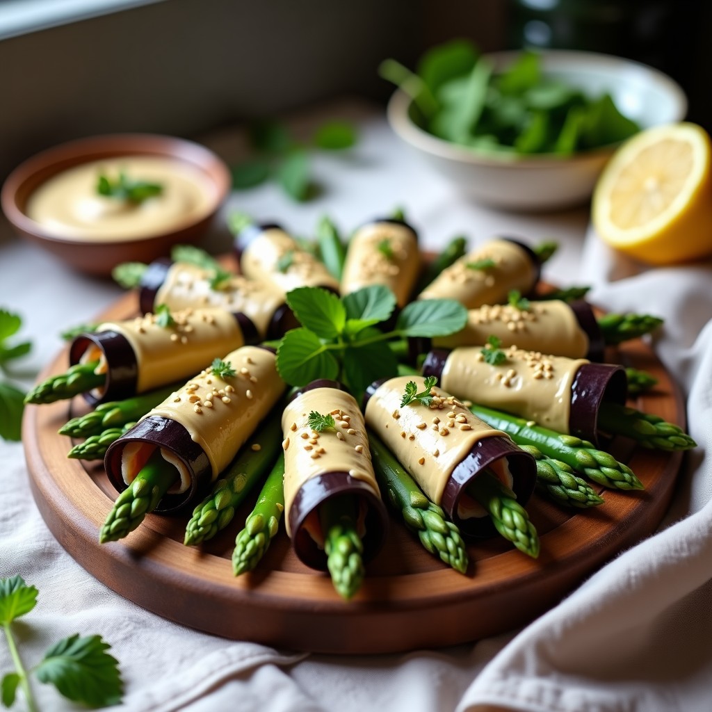 Fuente blanca ovalada con rollitos de berenjena y espárragos crudiveganos, enrollados con precisión y bañados en salsa de tahini y limón. Decorados con hojas de menta fresca y semillas de sésamo tostado, sobre un fondo de madera rústica con toques de luz natural.