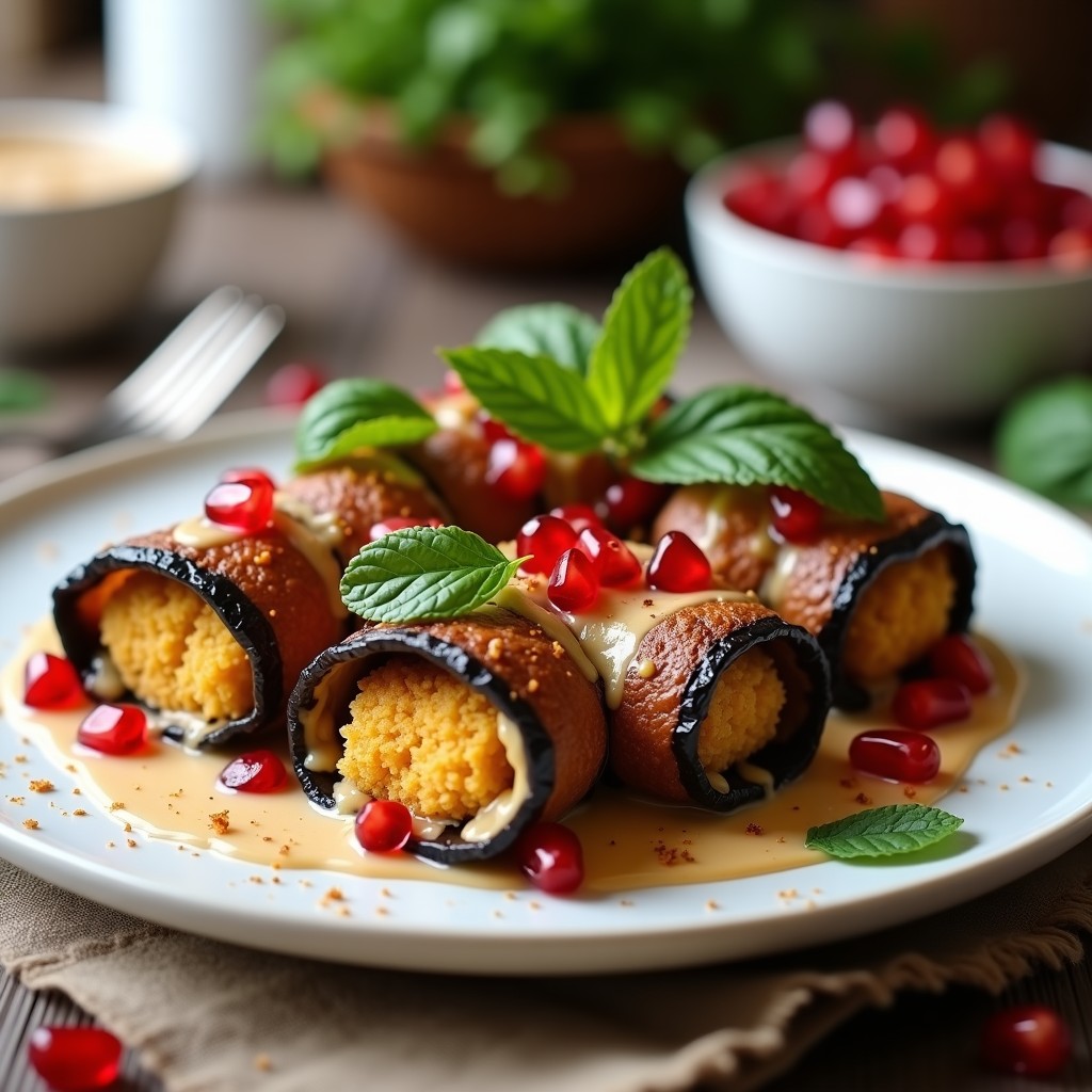 Rollitos de berenjena asada rellenos de falafel dorado y salsa de tahini cremosa, decorados con semillas de granada y hojas de menta fresca en una fuente de cerámica blanca, receta vegana libanesa al horno.