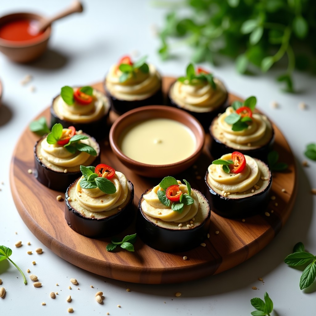 Rollitos de berenjena cruda en láminas finas rellenos de hummus cremoso y berros frescos, decorados con semillas de sésamo tostadas y tiras de pimiento rojo asado. Plato vegano crudivegano servido en bandeja de madera con fondo rústico.