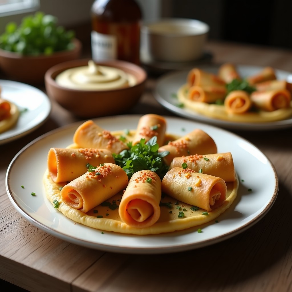 Rollitos de berenjena dorados y brillantes rellenos de hummus cremoso y semillas de granada rojas, servidos en un plato blanco con hojas de menta fresca y un fondo rústico. Receta libanesa vegana en airfryer.