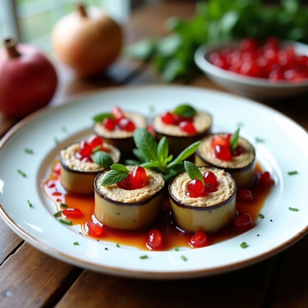 Plato blanco con rollitos de berenjena cruda rellenos de hummus de habas cremoso, bañados en salsa de granada roja y decorados con semillas de granada y hojas de menta fresca. Receta libanesa crudivegana.