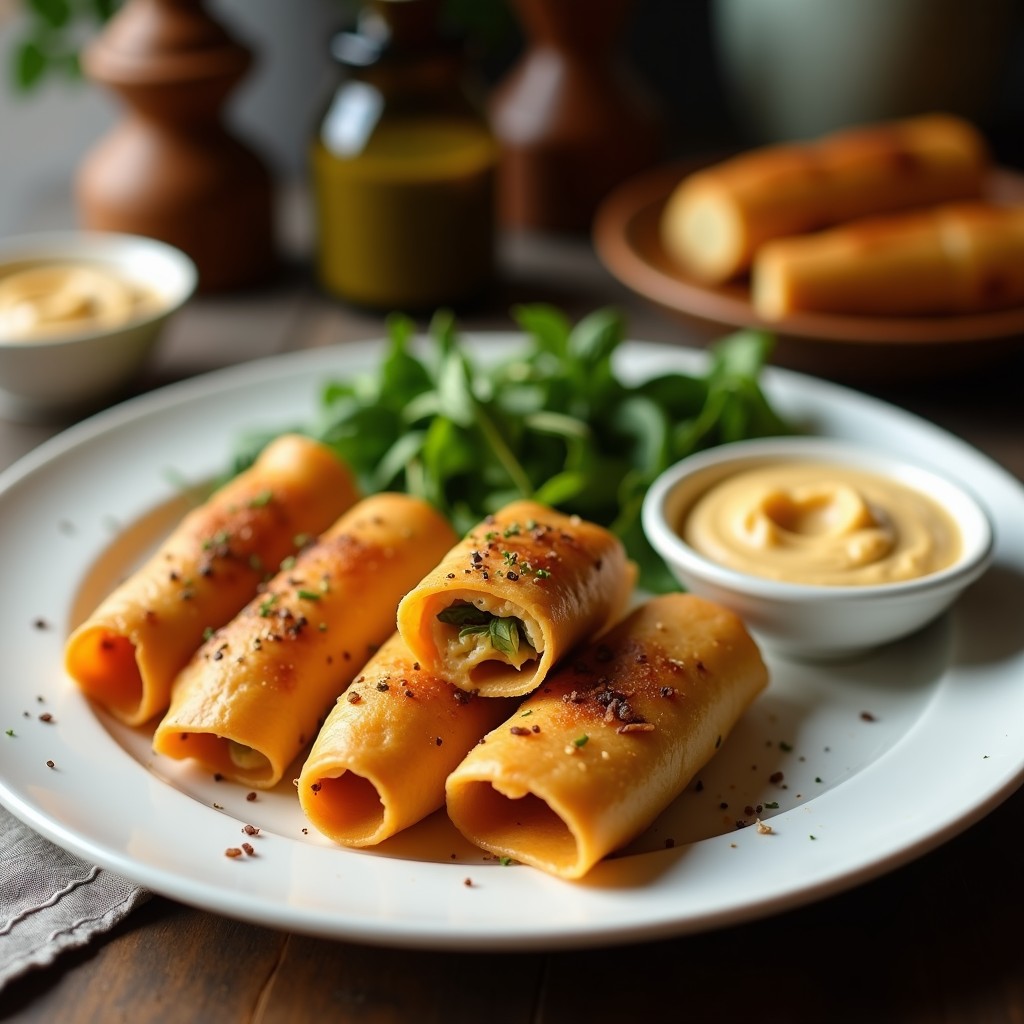 Rollitos de berenjena asada rellenos de hummus de lentejas cremoso, decorados con crujiente de granadina tostada y semillas de sésamo, servidos en plato blanco con perejil fresco y chorrito de aceite de oliva.