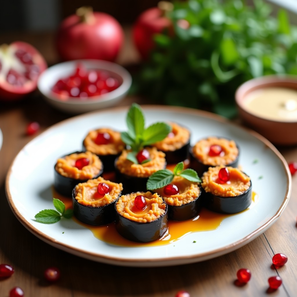 Rollitos de berenjena asada rellenos de hummus cremoso de lentejas rojas, decorados con semillas de granada y hojas de menta fresca. Plato mediterráneo vegano servido en fuente blanca de cerámica con aceite de oliva virgen extra.