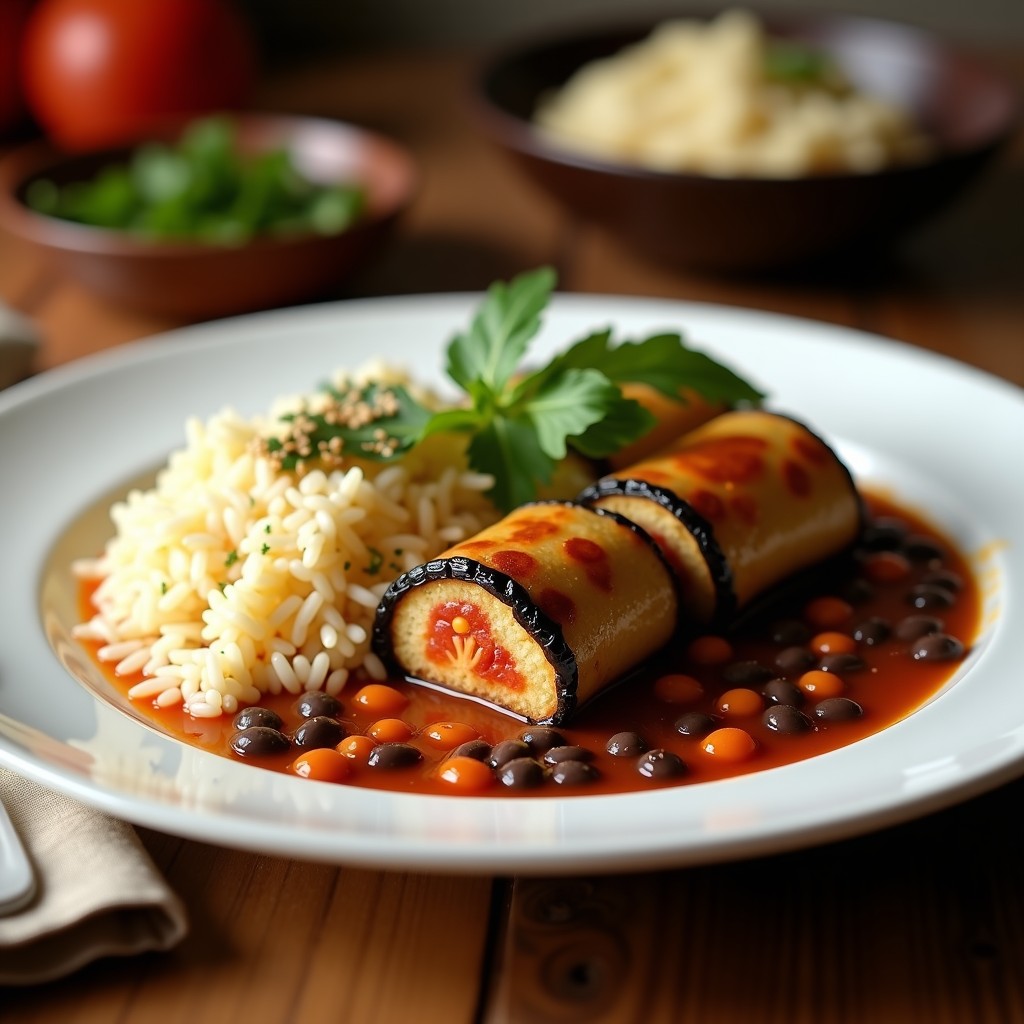 Rollitos de berenjena asada rellenos de una mezcla dorada de lentejas y arroz basmati, espolvoreados con semillas de sésamo y cilantro fresco, servidos en una bandeja de barro sobre fondo rústico. Receta india vegana al horno.
