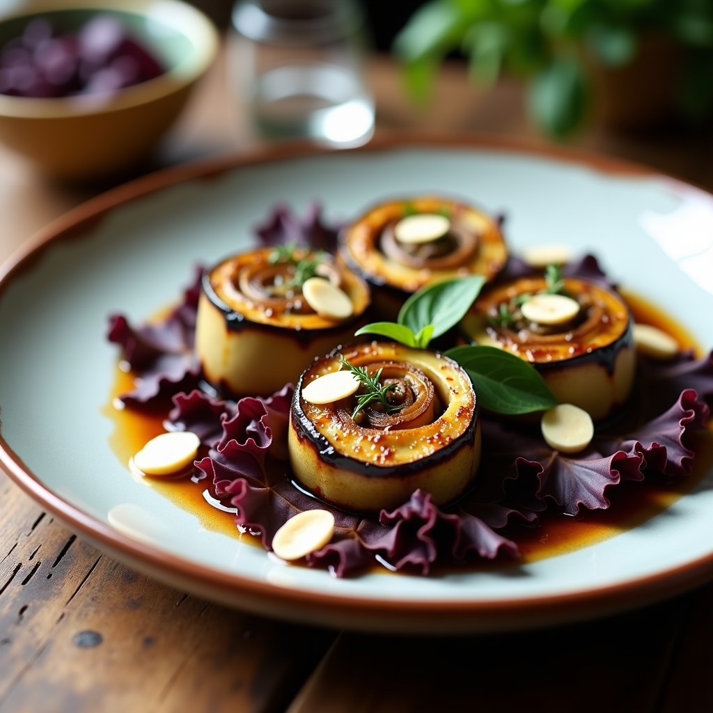 Rollitos de berenjena asada rellenos de lentejas Puy y queso de cabra, servidos en plato blanco con decoración de albahaca fresca y chorrito de miel de lavanda, receta francesa en Thermomix.