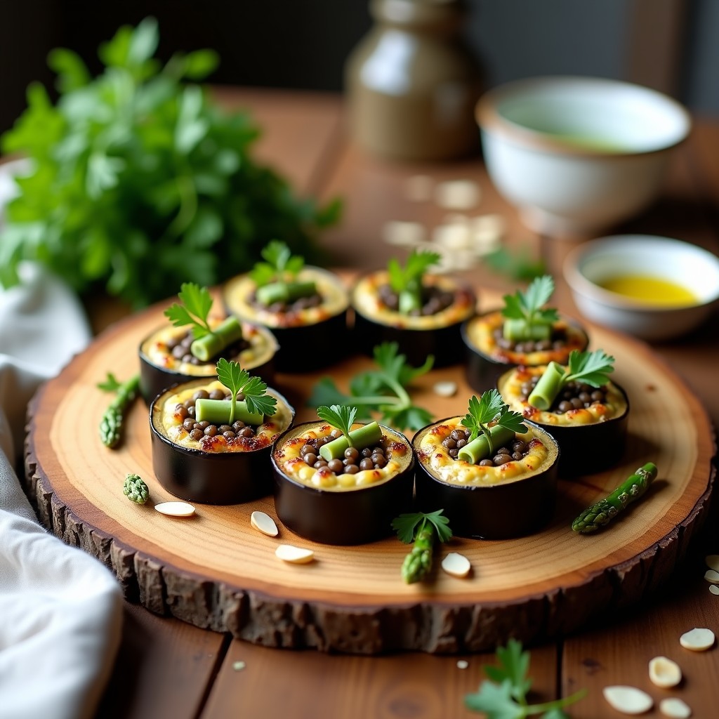 Rollitos de berenjena rellenos de lentillas puy y espárragos en bandeja de madera, con almendras tostadas y perejil fresco, receta vegana francesa elegante.