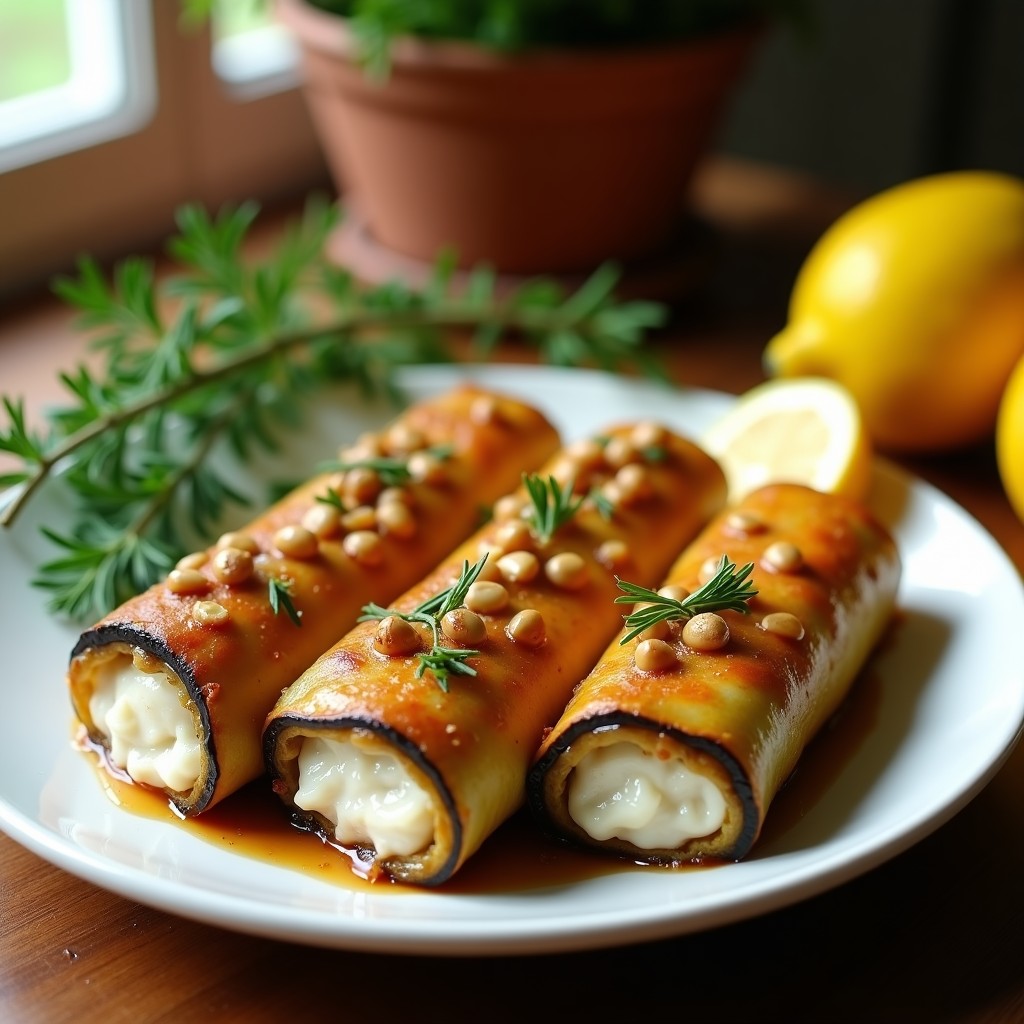 Rollitos de berenjena dorados y crujientes rellenos de merluza y piñones, horneados a la perfección, servidos en una fuente de barro rústica con hierbas frescas y rodajas de limón.