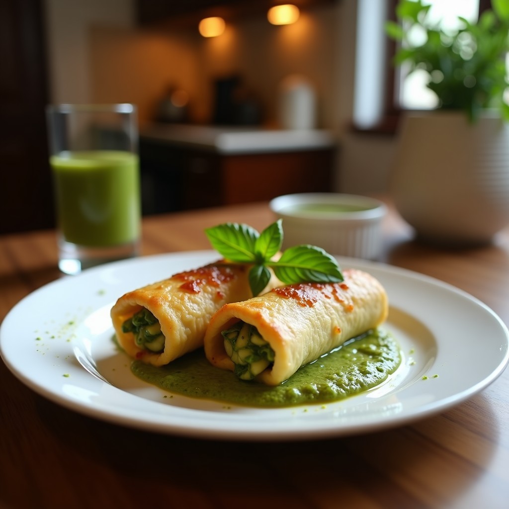 Rollitos de berenjena dorados en airfryer rellenos de pesto verde de hojas de mostaza, decorados con cilantro fresco y pimentón ahumado sobre un plato de madera oscura con fondo borroso de especias indias.