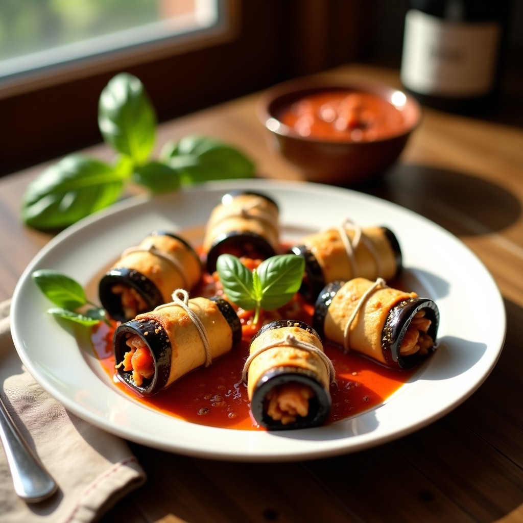 Rollitos de berenjena dorados y crujientes rellenos de pesto de tomates secos y queso mozzarella, servidos en un plato blanco con decoración de albahaca fresca y aceite de oliva, receta keto en airfryer.