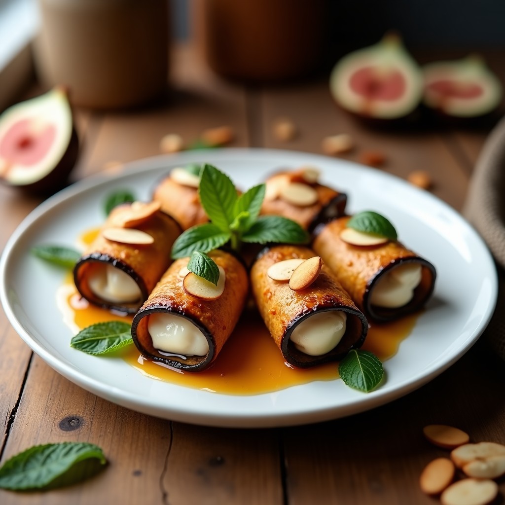 Rollitos de berenjena dorados y crujientes rellenos de queso de almendras cremoso y mermelada de higos, servidos en plato blanco con semillas de sésamo negro y hojas de tomillo fresco.