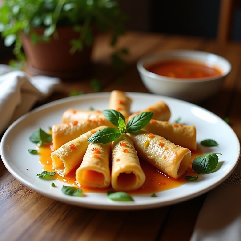 Rollitos de berenjena rellenos de queso de anacardo y espinacas al horno, servidos en una fuente de cerámica blanca con decoración de hojas de menta fresca y piñones tostados, receta vegana y sin gluten.