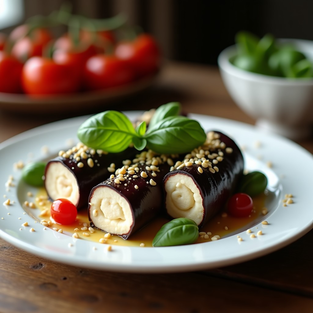 Rollitos de berenjena crudiveganos rellenos de queso cremoso de anacardos y albahaca fresca, decorados con semillas de sésamo y trozos de tomate cherry, servidos en un plato blanco sobre fondo de madera rústica.