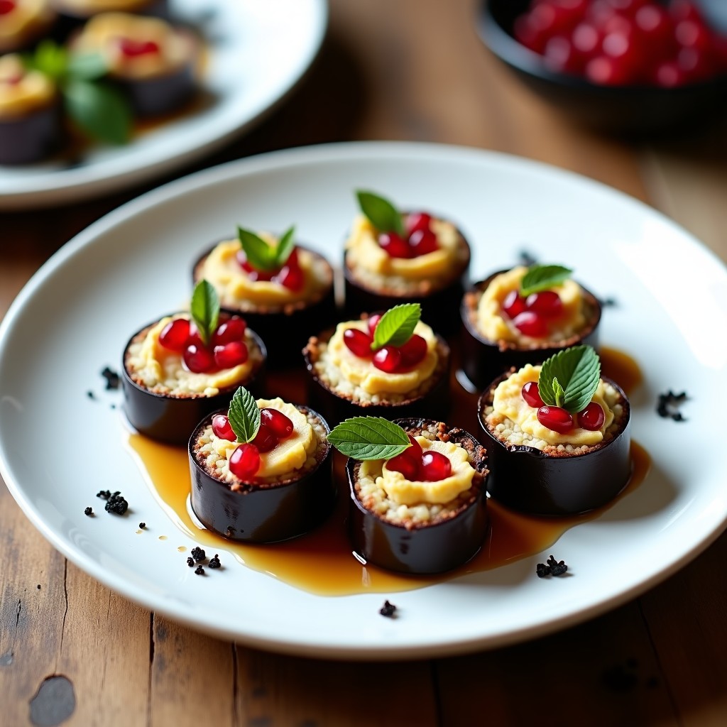 Plato blanco con rollitos de berenjena ahumada rellenos de queso cremoso de anacardos, decorados con semillas de granado rojas y pistachos verdes picados. Acompañados de hojas de lechuga romana y un hilo de aceite de oliva. Receta de rollitos de berenjena ahumada con queso de anacardos y granado, entrante libanés sin cocción.