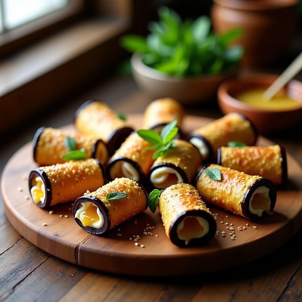 Rollitos de berenjena asada dorados y crujientes, rellenos de queso de anacardos cremoso, dispuestos en una bandeja de madera rústica con hojas de menta fresca y un hilo de miel dorada. Receta vegana de rollitos de berenjena con queso de anacardos y miel.
