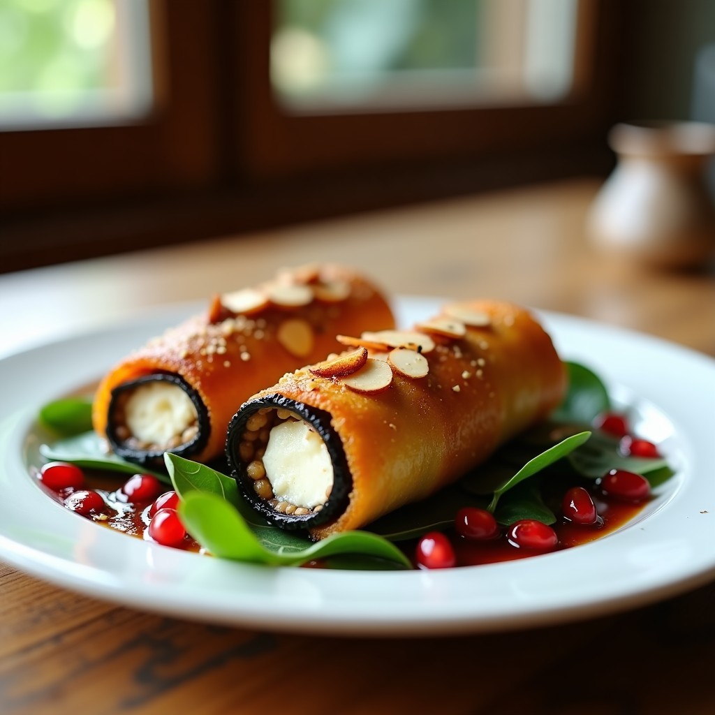 Rollitos de berenjena dorados y crujientes rellenos de queso de cabra cremoso, servidos en un plato blanco con salsa de granado vibrante y hojas de menta fresca, receta en airfryer.