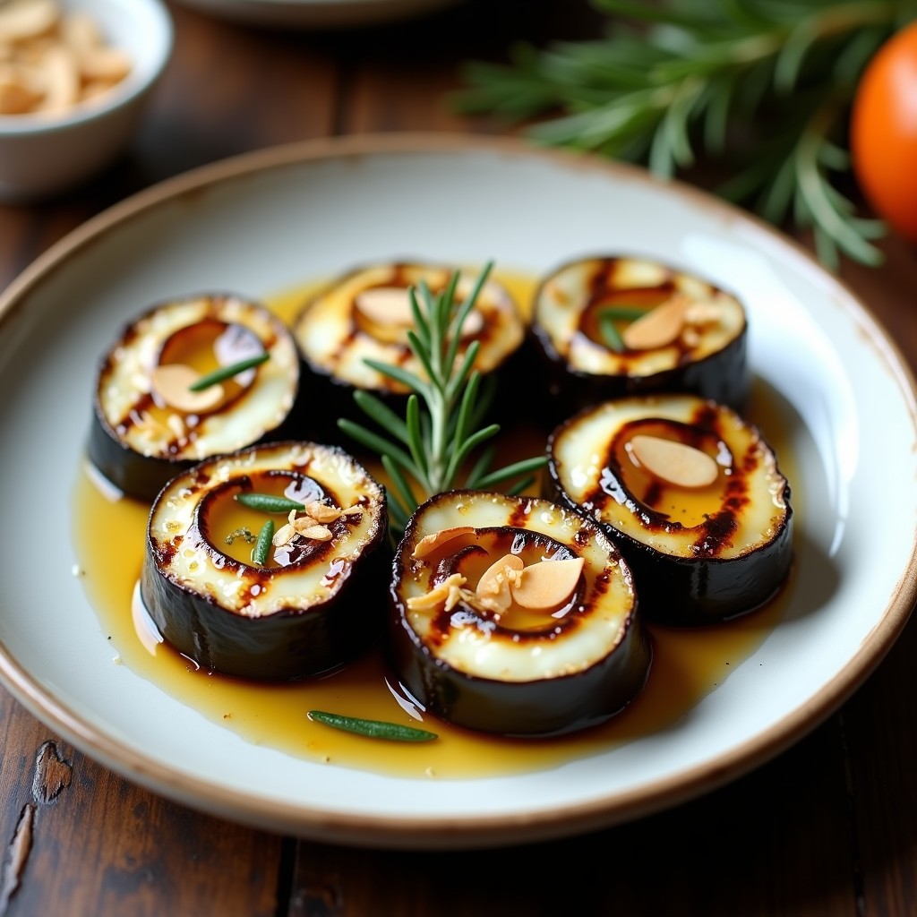 Plato blanco con rollitos de berenjena grillados rellenos de queso de cabra y almendras, decorados con miel y romero, sobre fondo de madera rústica.