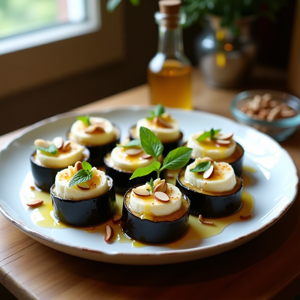 Rollitos de berenjena con queso de cabra y miel al horno, servidos en bandeja de cerámica blanca con hojas de menta y almendras fileteadas, receta griega elegante y aperitivo gourmet.