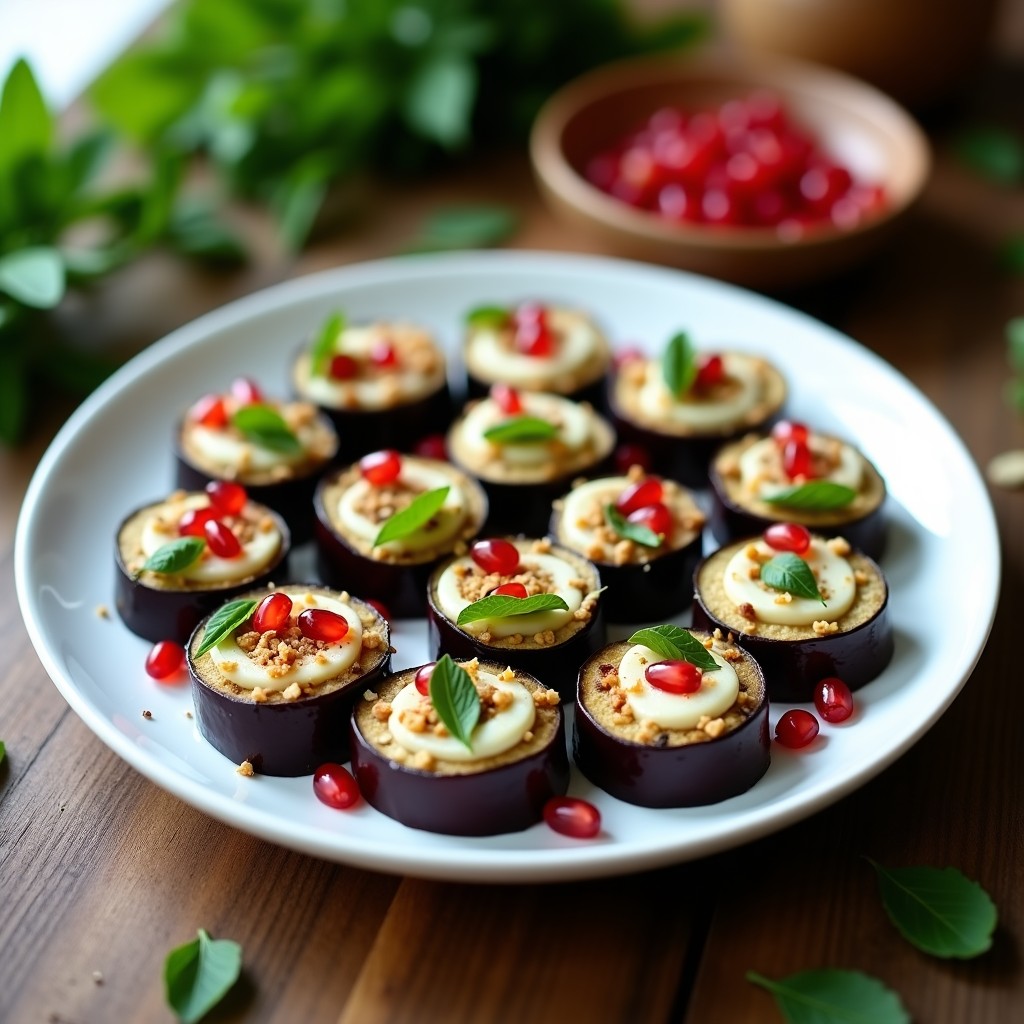 Rollitos de berenjena libaneses rellenos de queso de cáscara y hierbas frescas, dispuestos en bandeja de madera con semillas de sésamo y pistachos picados, aperitivo sin horno.