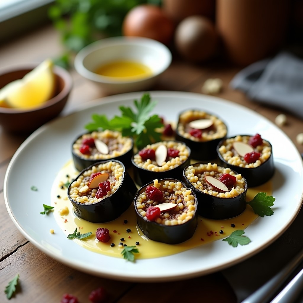 Rollitos de berenjena veganos en Thermomix rellenos de quinoa y arándanos deshidratados, servidos en plato blanco con almendras fileteadas y perejil fresco. Entrante crujiente y colorido.